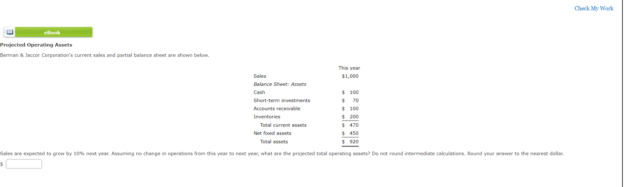  Check My Work eBook Projected Operating Assets Berman & Jaccor Corporation's