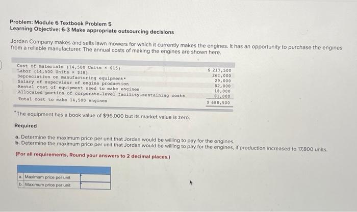  Problem: Module 6 Textbook Problem 5 Learning Objective: 6-3 Make appropriate