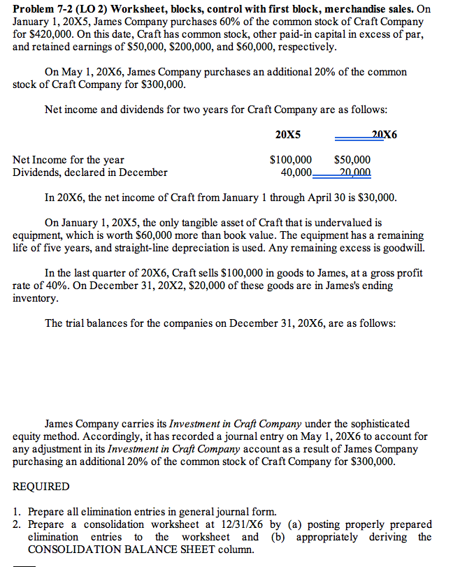  Problem 7-2 (LO 2) Worksheet, blocks, control with first block, merchandise