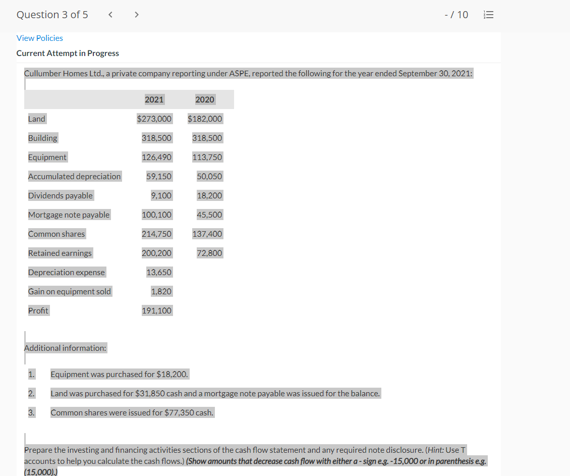  Question 3 of 5 > - / 10 !!! View Policies