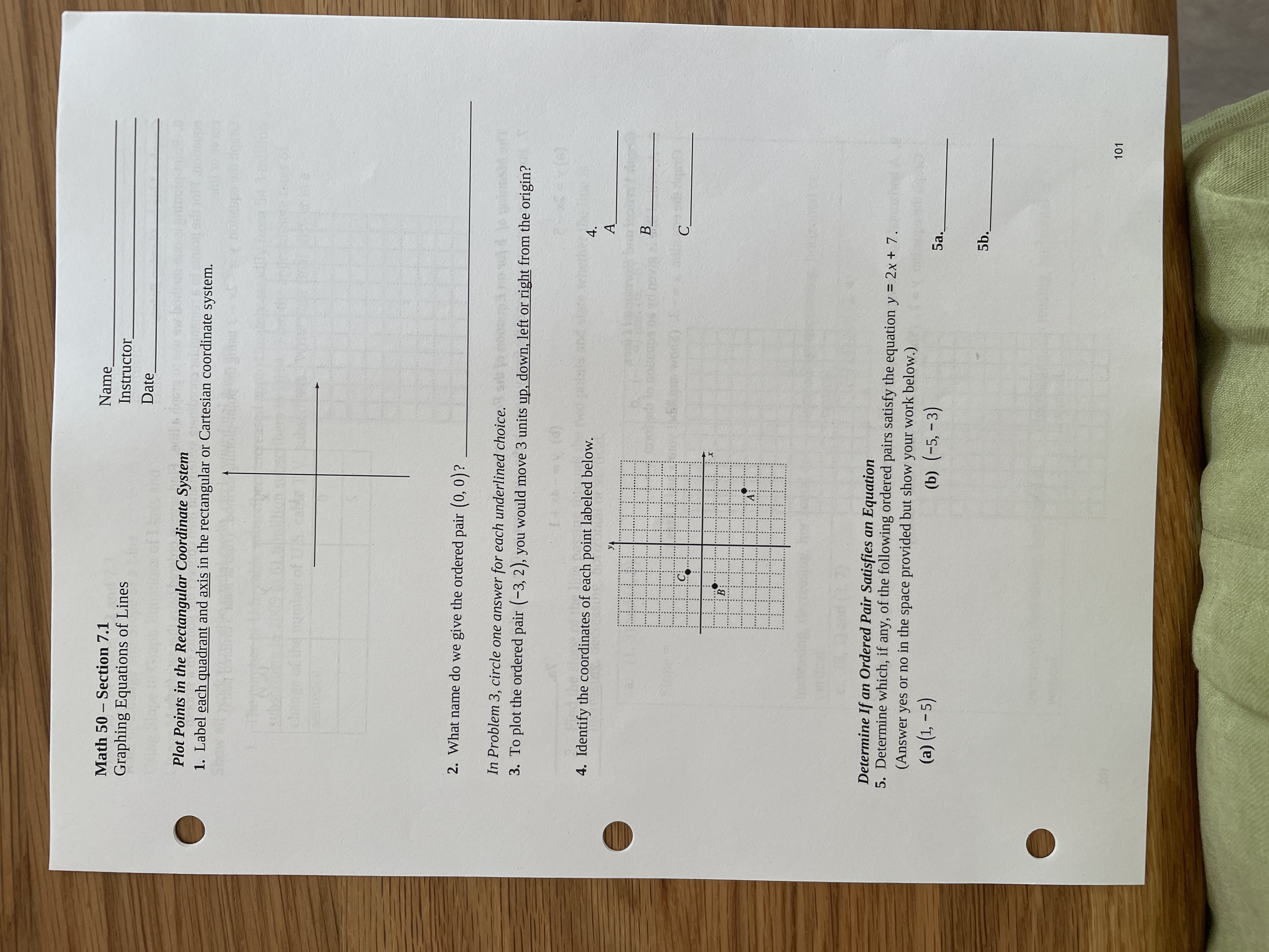 Math 50 - Section 7.1 Name Graphing Equations of Lines Instructor