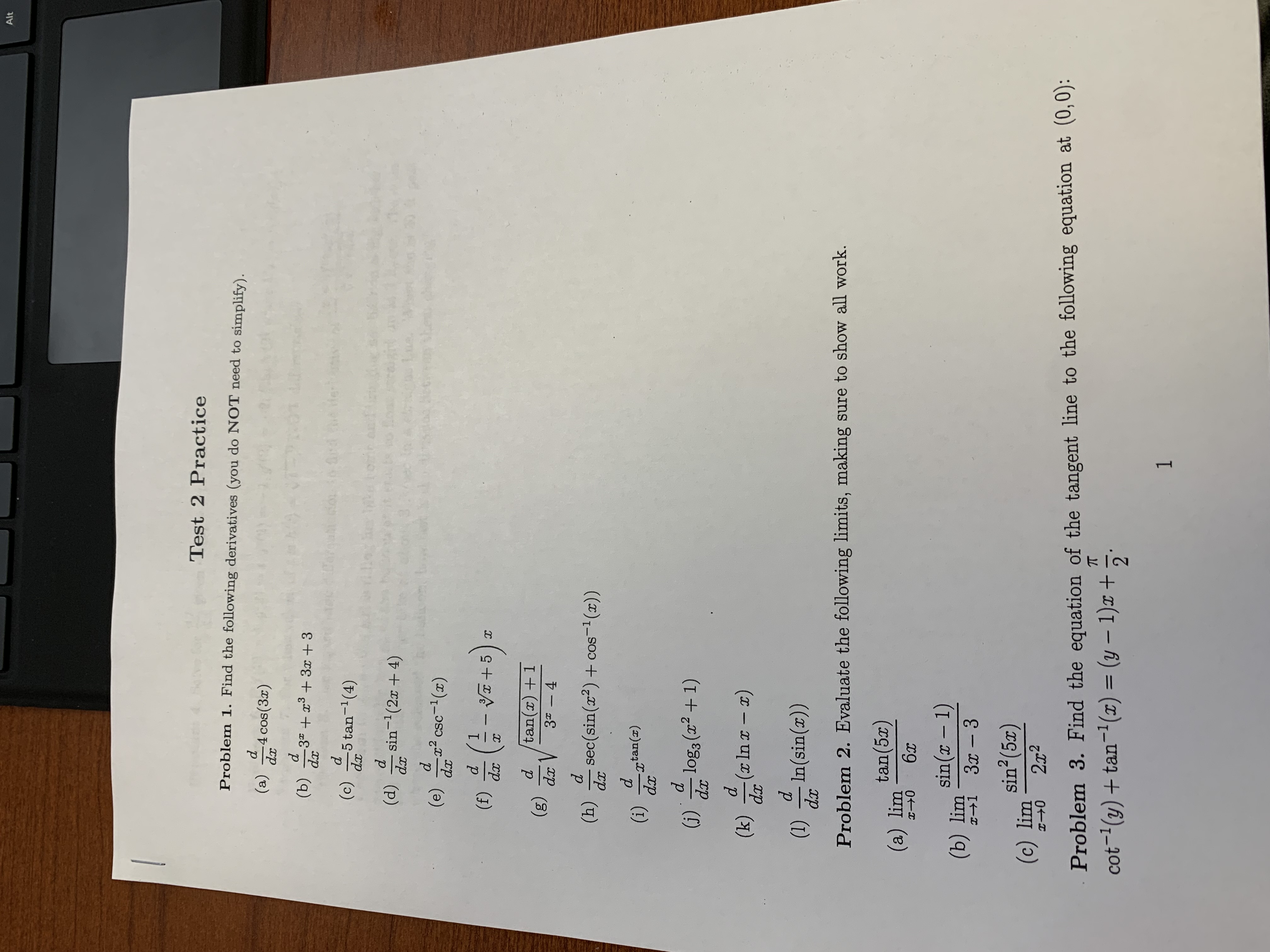  Test 2 Practice Problem 1. Find the following derivatives (you do