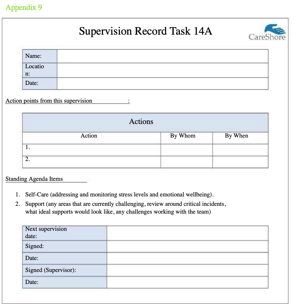  Appendix 9 Supervision Record Task 14A CareShore Name: Locatio n: Date: