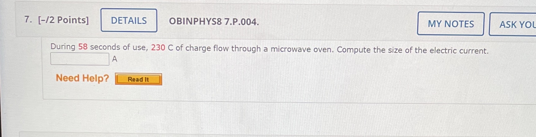  7. [-/2 Points] DETAILS OBINPHYS8 7.P.004. MY NOTES ASK YOU During