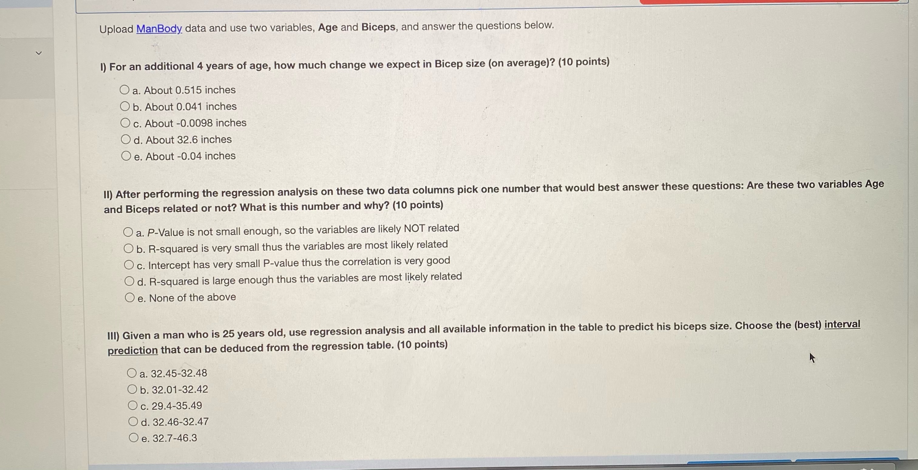  Upload ManBody data and use two variables, Age and Biceps, and