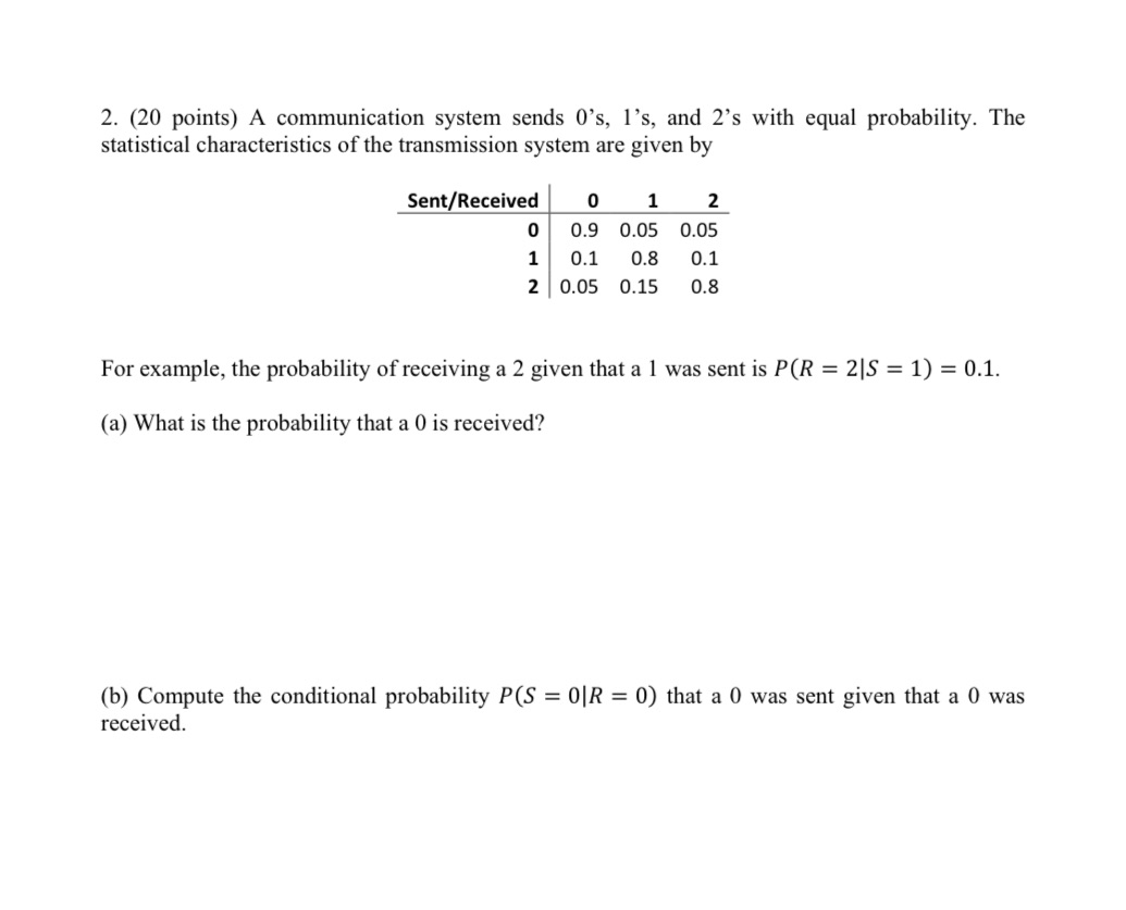 2. (20 points) A communication system sends 0's, 1's, and 2's