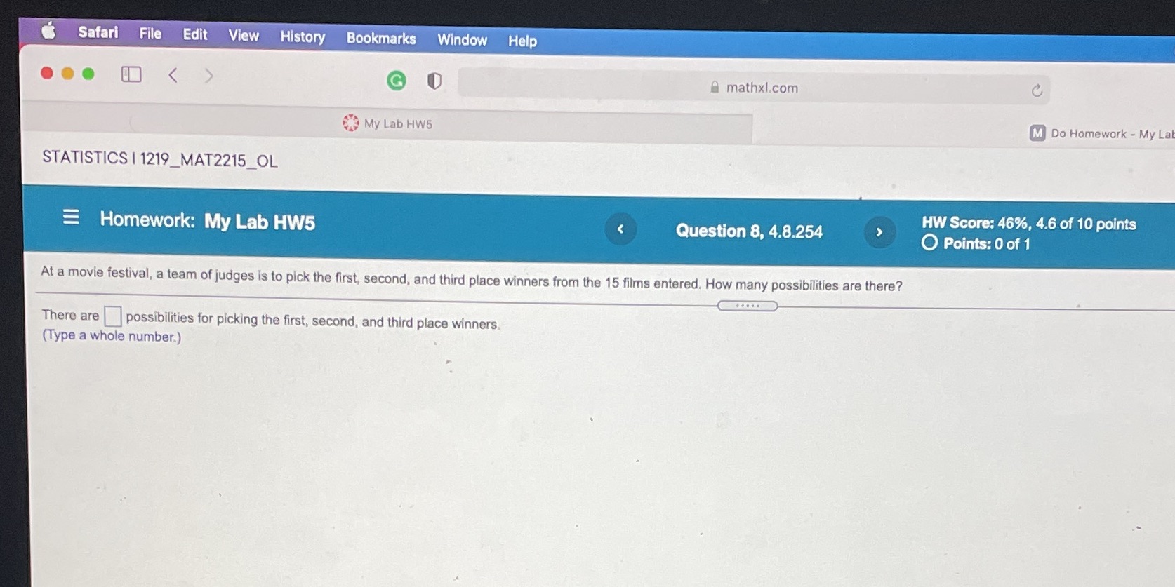Safari File Edit ew story Bookmarks nd My Lab HW5 ep STATISTICS