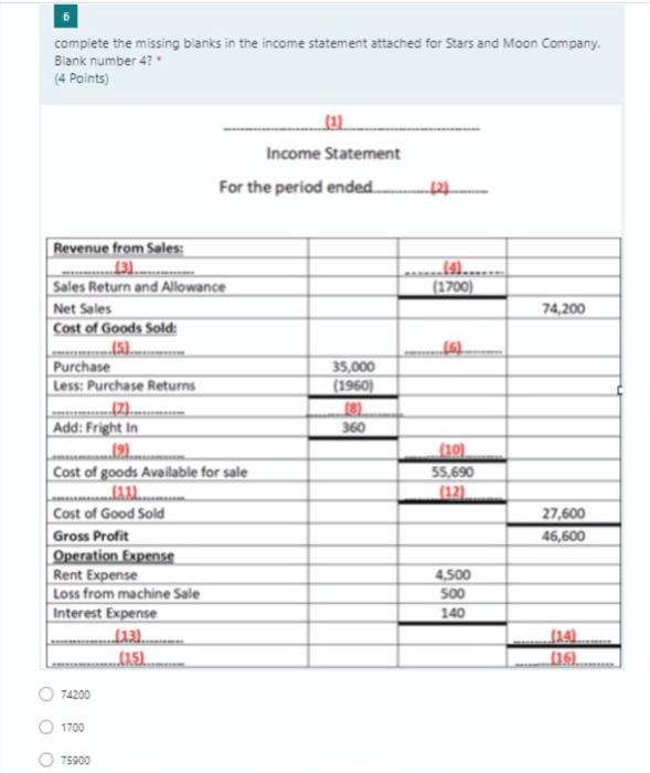 complete the missing bianks in the income statement attached for Stars