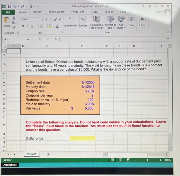please provide EXCEL formula to answer question Union Local School District has