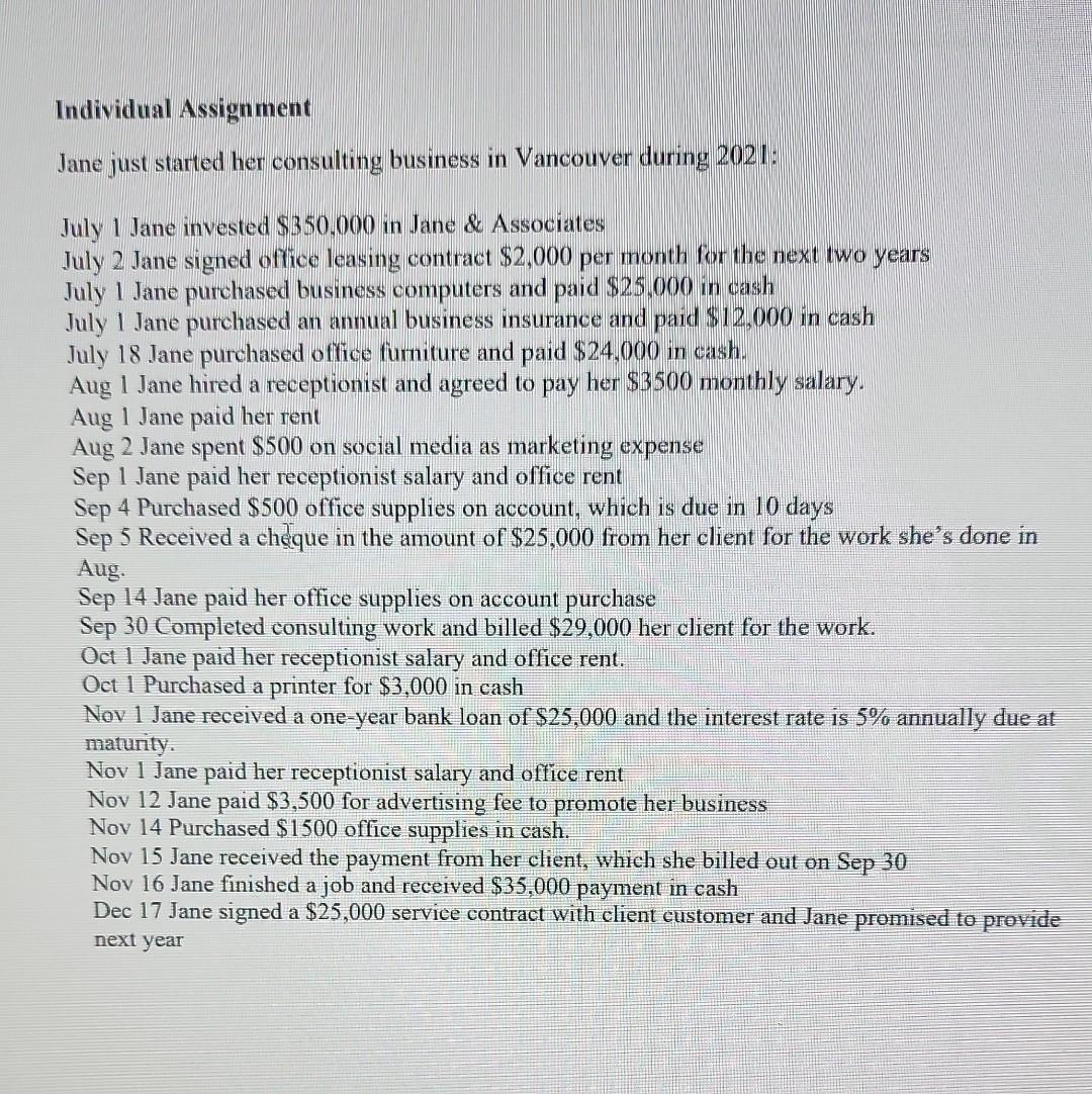  Prepare 2021 financial statements Individual Assignment Jane just started her consulting