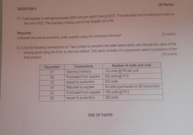 please help its due 2day @ 12 (20 Marks) QUESTIONS 5.1