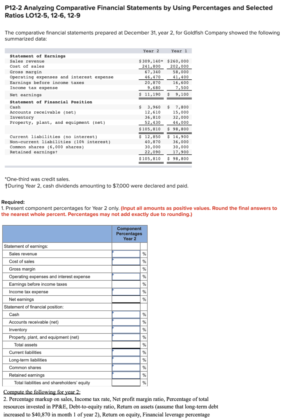 P12-2 Analyzing Comparative Financial Statements by Using Percentages and Selected Ratios
