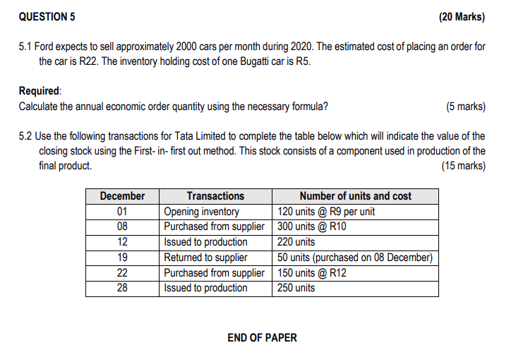 QUESTION 5 (20 Marks) 5.1 Ford expects to sell approximately 2000