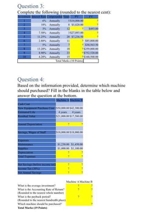  Question 3: Complete the following (rounded to the nearest cent): Investment