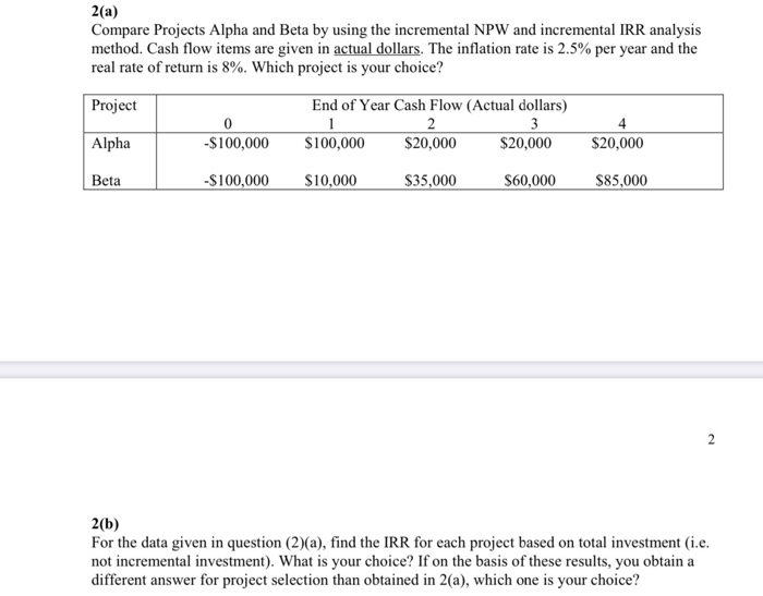  2(a) Compare Projects Alpha and Beta by using the incremental NPW
