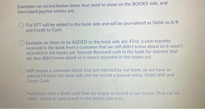  Examples on reconciliation items that need to show on the BOOKS