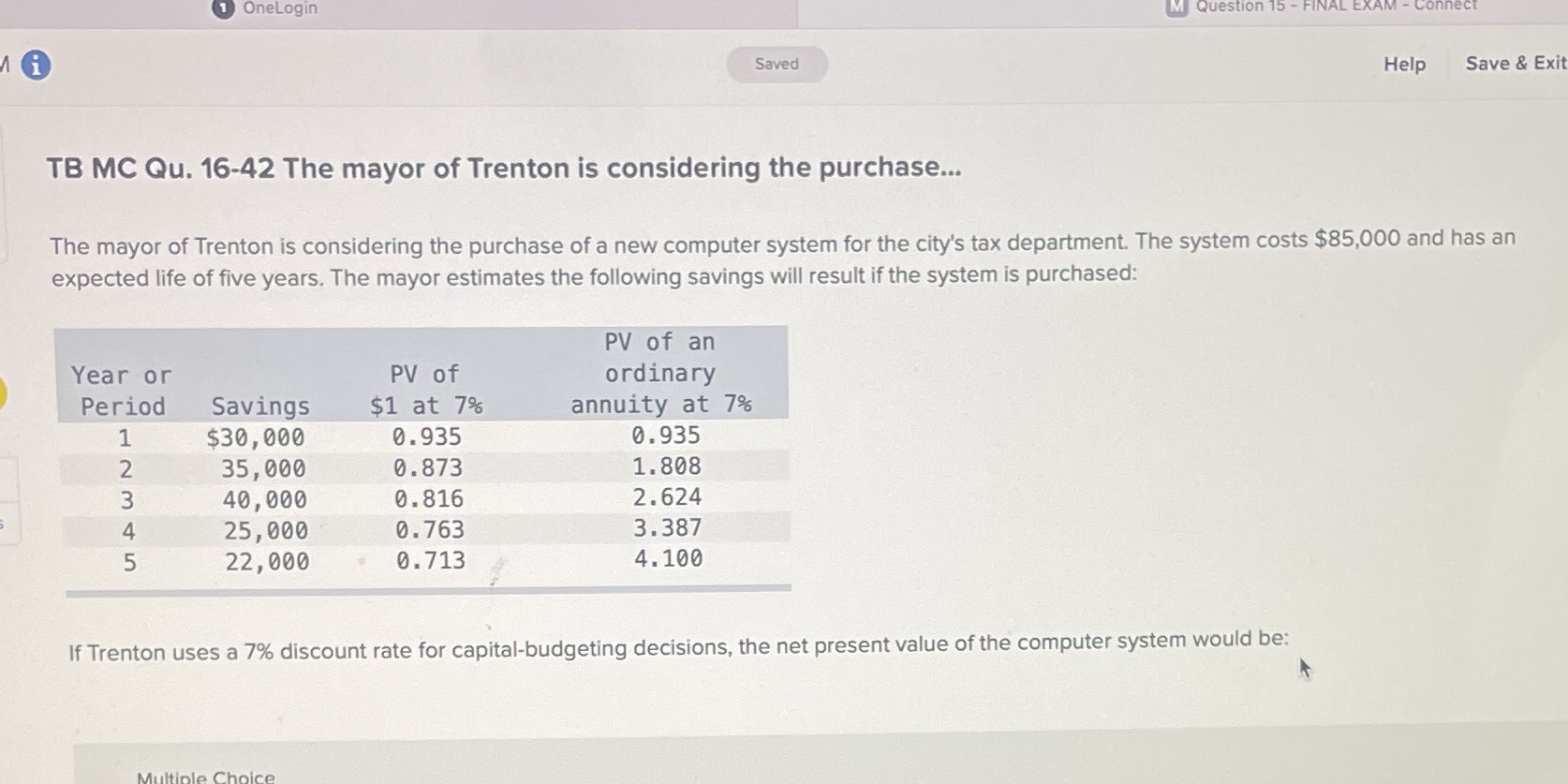 1 OneLogin M Question 15 - FINAL EXAM - Connect Saved