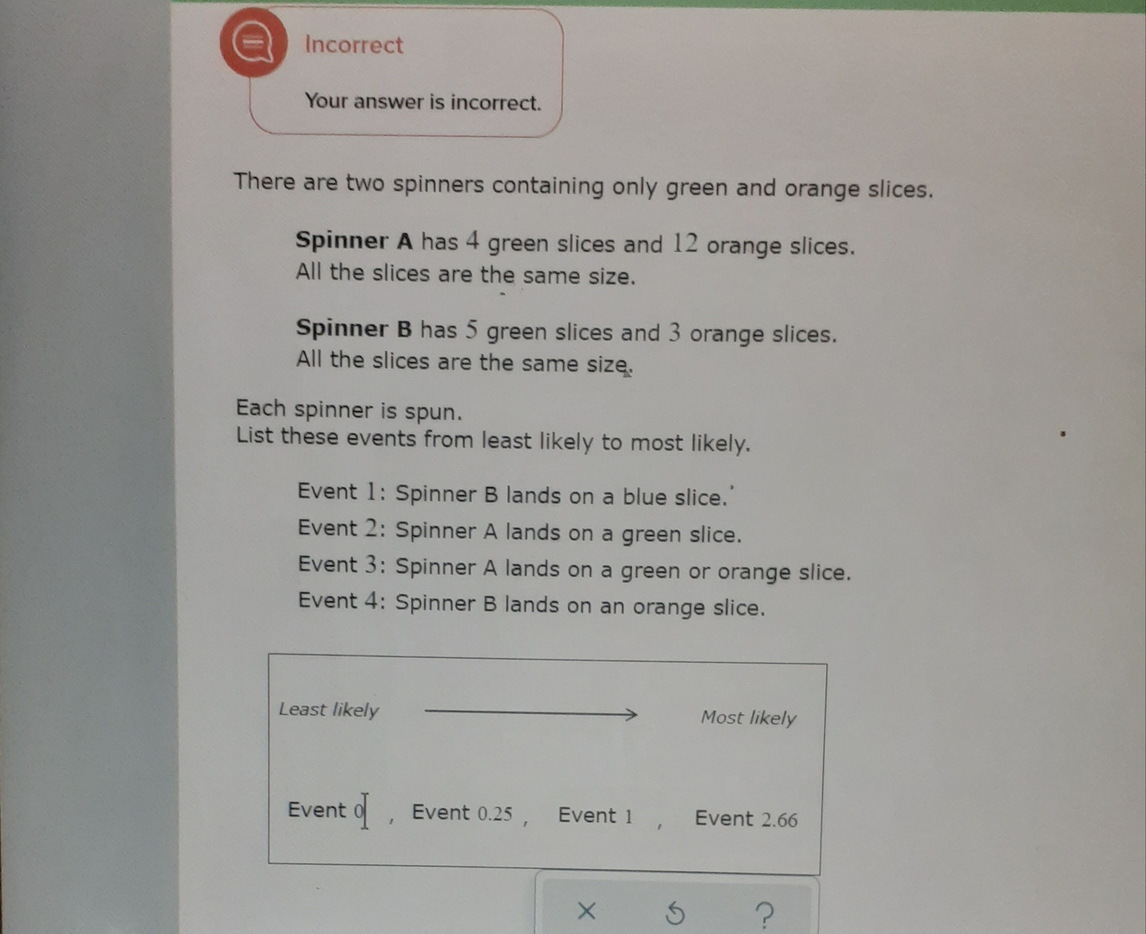a Incorrect Your answer is incorrect. There are two spinners containing
