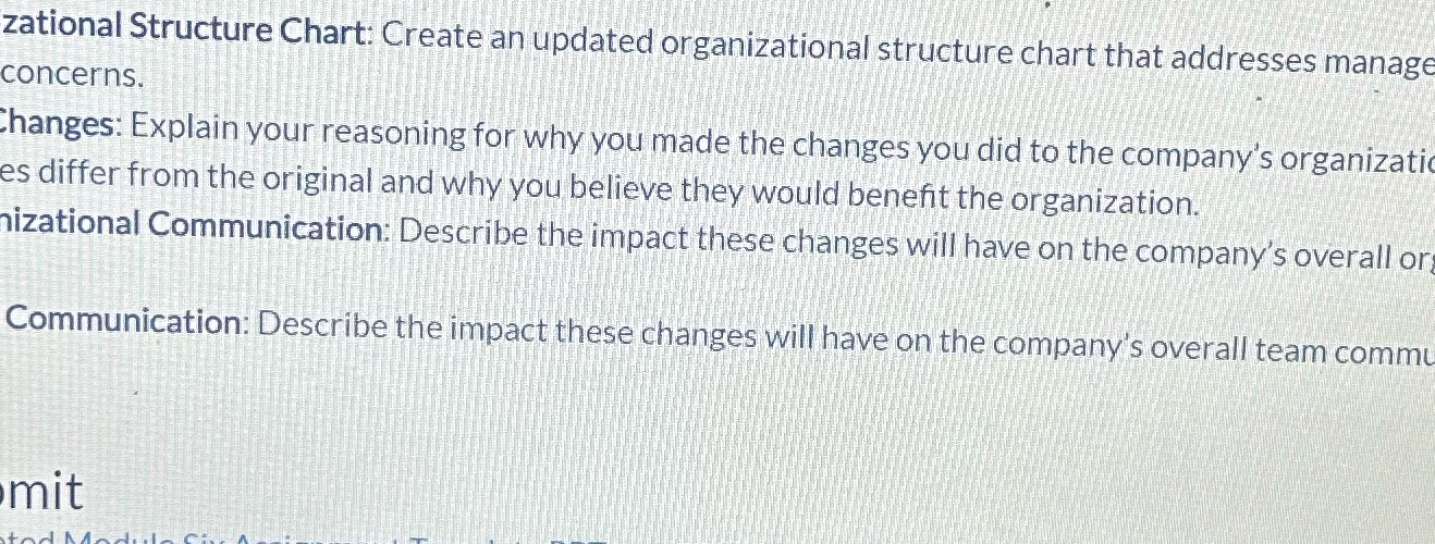 zational Structure Chart: Create an updated organizational structure chart that addresses