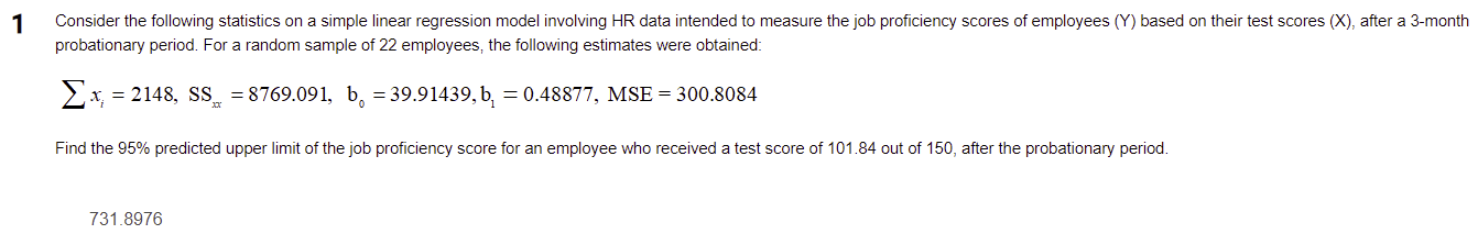1 Consider the following statistics on a simple linear regression model