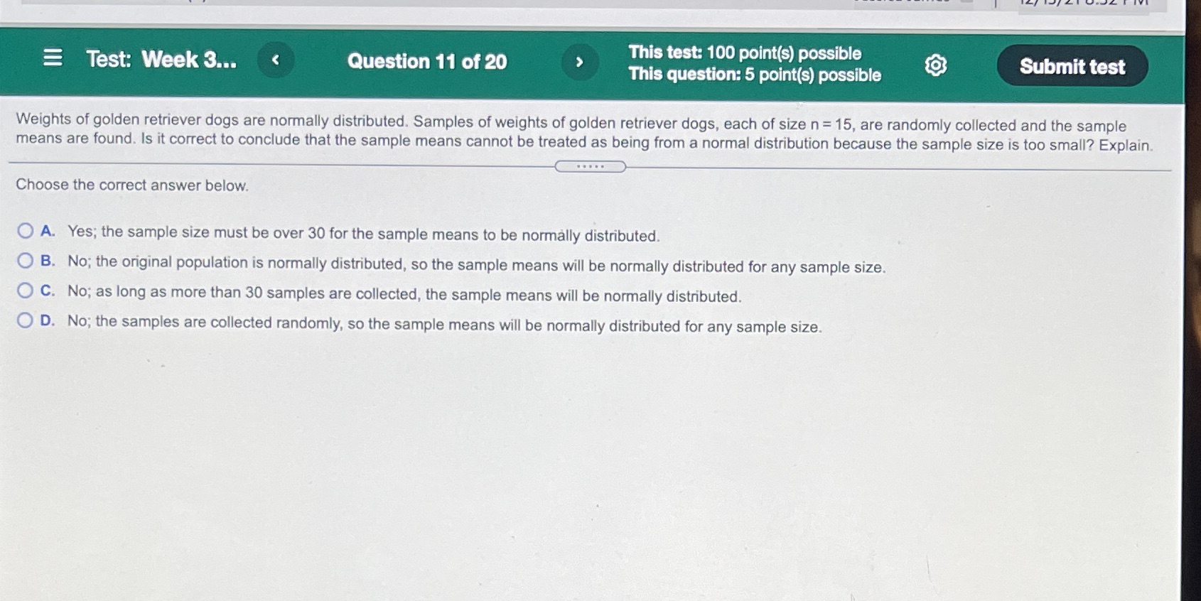 Test: Week 3... Question 11 of 20 This test: 100 point(s) possible