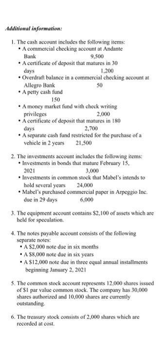 trial balance for Mabel's Piano Tuning. 1. Prepare a classified balance sheet