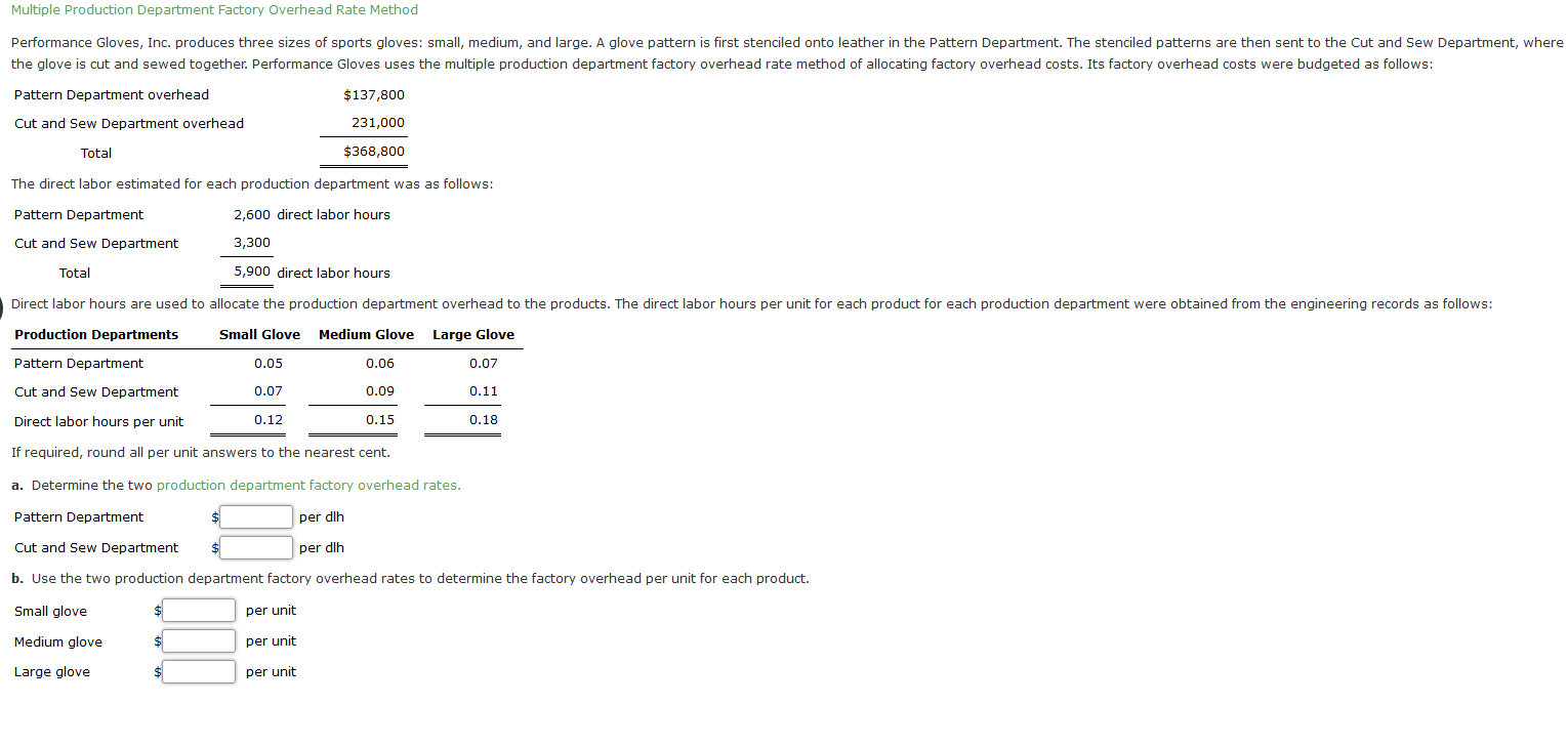 Multiple Production Department Factory Overhead Rate Method Performance Gloves, Inc. produces