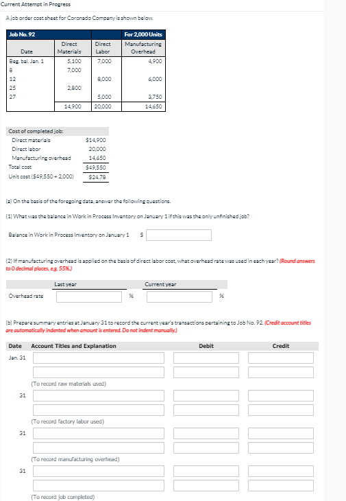  Current Attempt in Progress Ajob order cost shest for Coronado Company