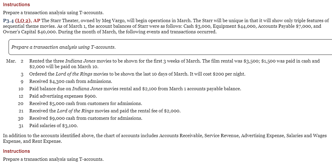  Instructions Prepare a transaction analysis using T-accounts. P3-4 (LO 2), AP
