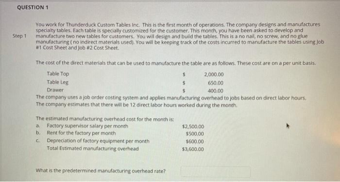  QUESTION 1 Step 1 You work for Thunderduck Custom Tables Inc.