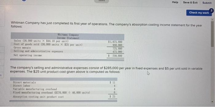  Help Save & Exit Submit Check my work Whitman Company has
