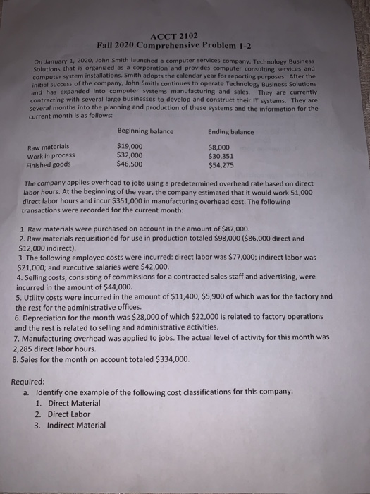  ACCT 2102 Fall 2020 Comprehensive Problem 1-2 planuary 1, 2020, John