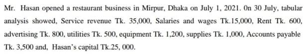 2021. On 30 July, tabular analysis showed, Service revenue Tk. 35.000. Salaries