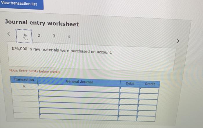 following transactions for the just completed month. a $76,000 in raw materials