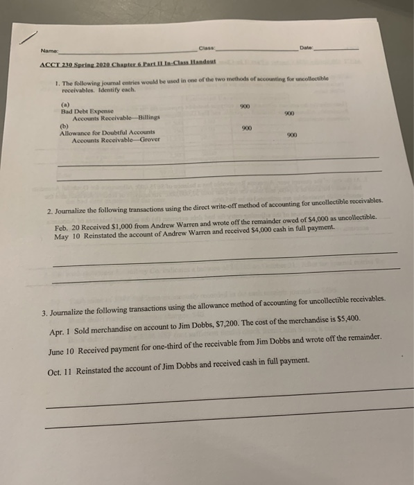  Class: Date ACCT 230 Spring 2020 Chapter 6 Part Ilin-Class Handout