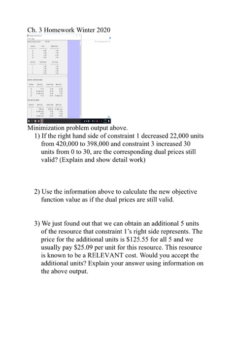 management science Ch. 3 Homework Winter 2020 Minimization problem output above. 1)