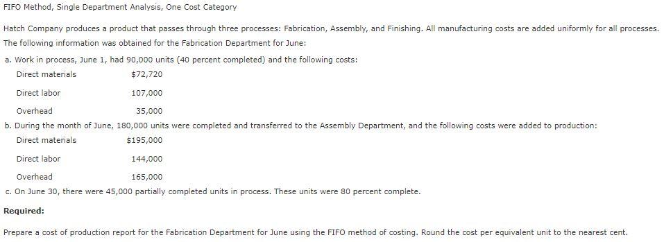  FIFO Method, Single Department Analysis, One Cost Category Hatch Company produces