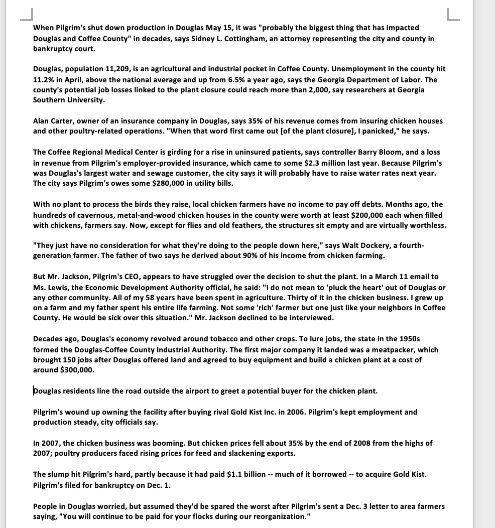 described the situation surrounding the closure of a chicken processing plant by