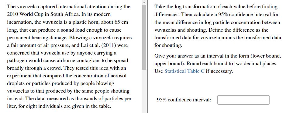 need help finding 95% CI and test statistic t The vuvuzela captured