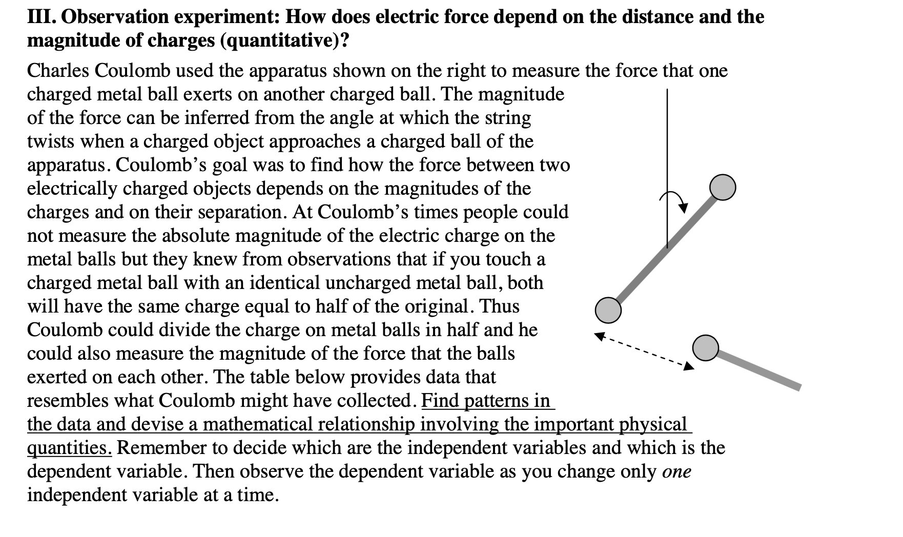  III. Observation experiment: How does electric force depend on the distance