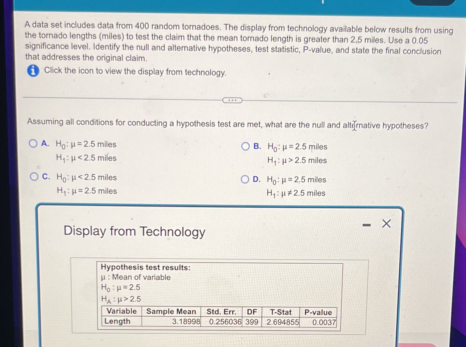  A data set includes data from 400 random tornadoes. The display