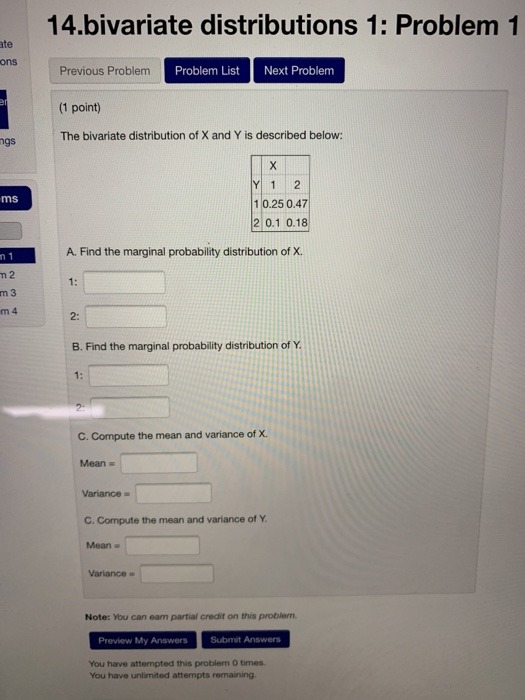  14.bivariate distributions 1: Problem 1 ite ons Previous Problem Problem List