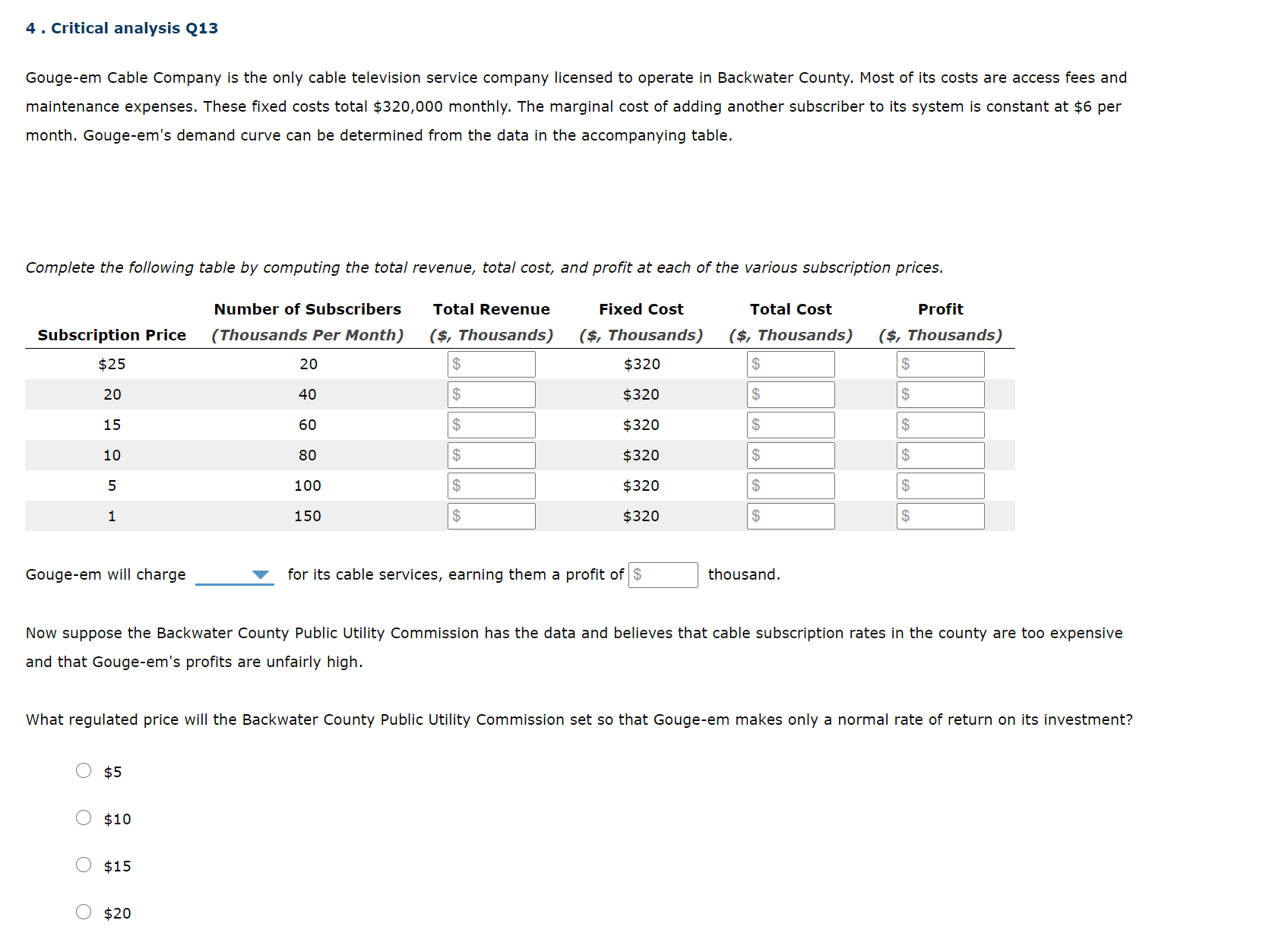 4 . Critical analysis Q13 Gouge-em Cable Company is the only cable