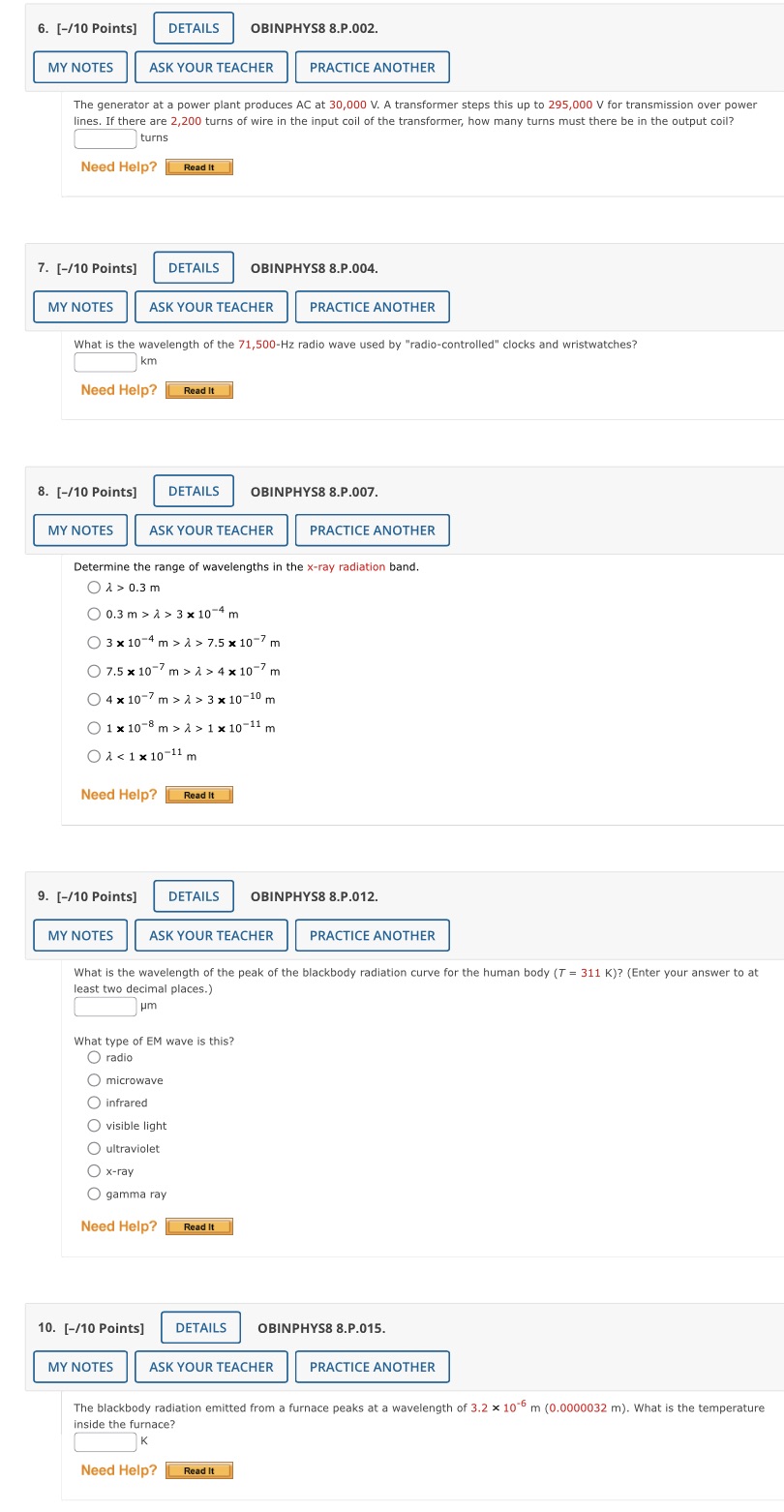 Help please 6. [-/10 Points] DETAILS OBINPHYS8 8.P.002. MY NOTES ASK YOUR