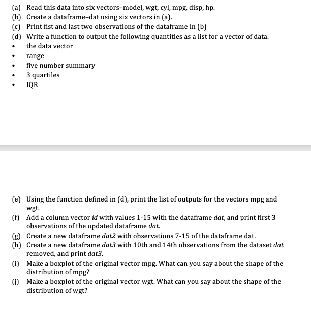 following information relates to a sample of 15 cars regarding their model,