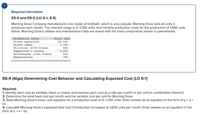 [LO 5-1, 5-5) Morning Dove Company manufactures one model of birdbath, which