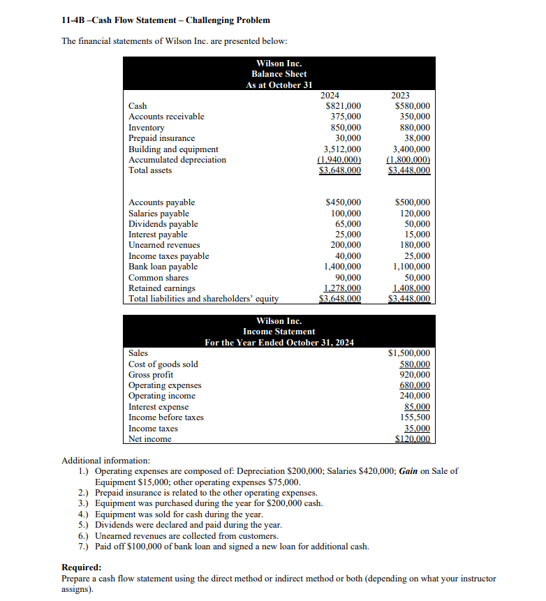 11-4B-Cash Flow Statement - Challenging Problem The financial statements of Wilson