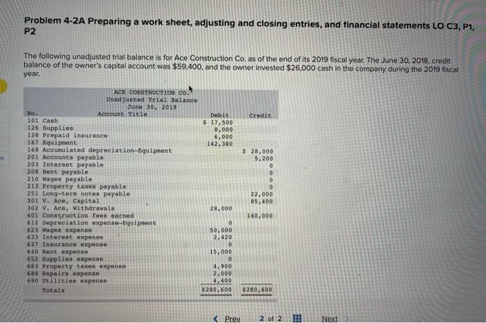  Problem 4-ZA Preparing a work sheet, adjusting and closing entries, and