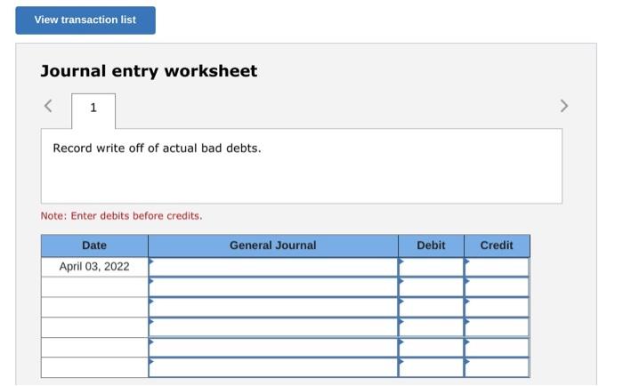  View transaction list Journal entry worksheet Record write off of actual