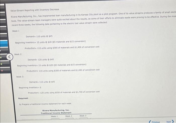  Value-Stream Reporting whth Inventory Decrease Rivera Manufacturing, Inc, has implemented lean